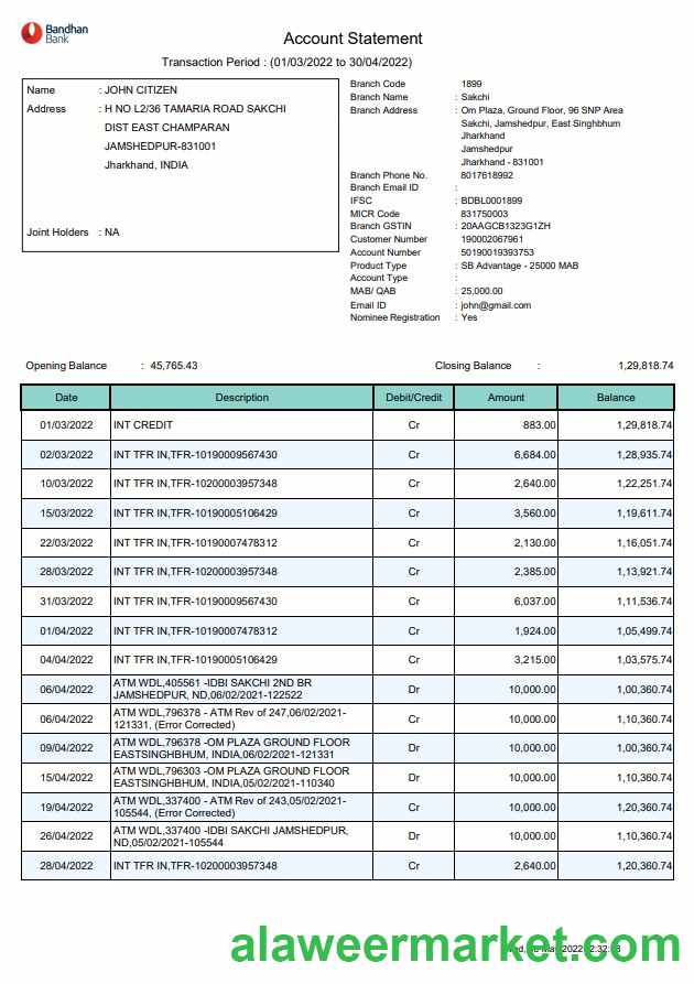 India Bandhan bank statement